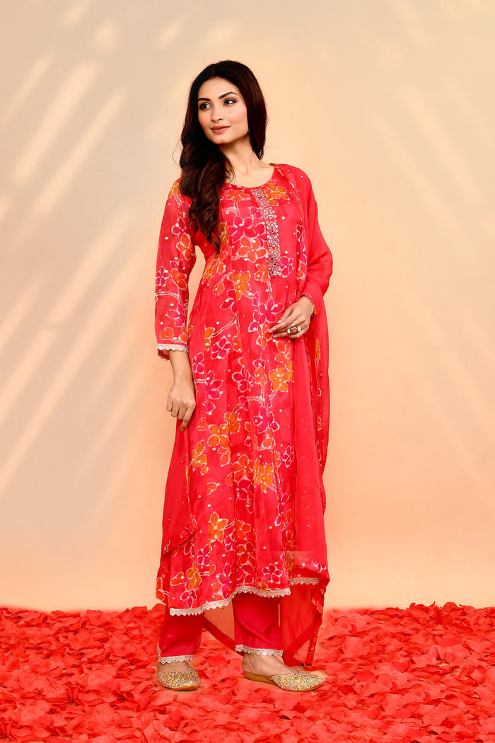 Bright Red Georgette Floral Kurta Set