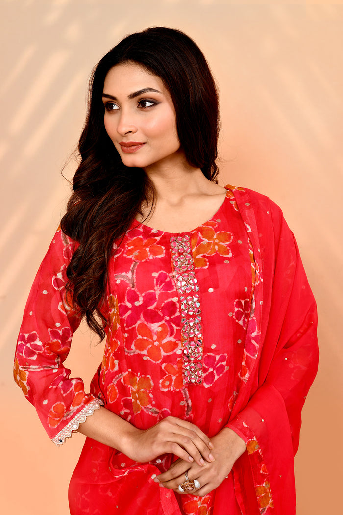 Bright Red Georgette Floral Kurta Set