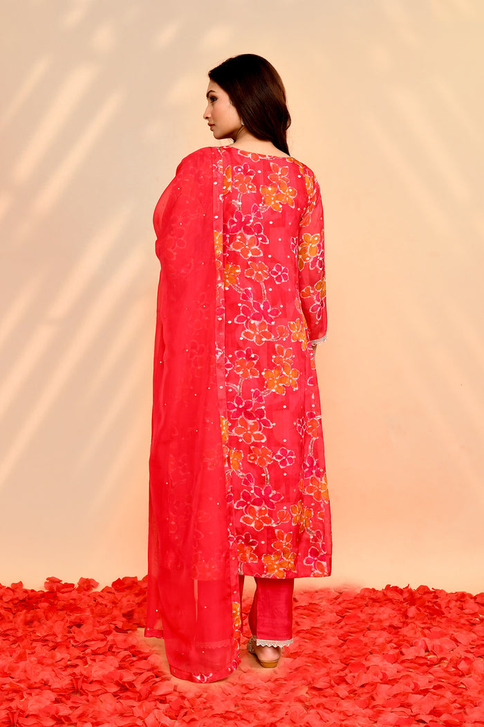 Bright Red Georgette Floral Kurta Set