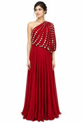 Bright Red One-Shoulder Embellished Georgette Long Gown