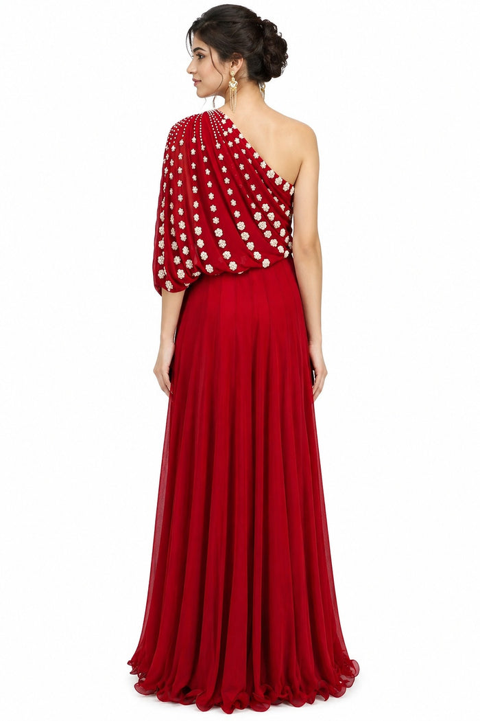 Bright Red One-Shoulder Embellished Georgette Long Gown