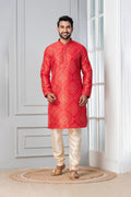 Bright Red Printed Bandhani Dupion Silk Kurta Set