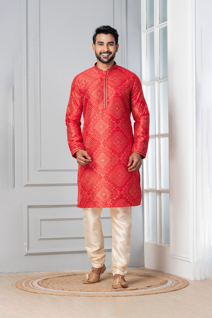 Bright Red Printed Bandhani Dupion Silk Kurta Set