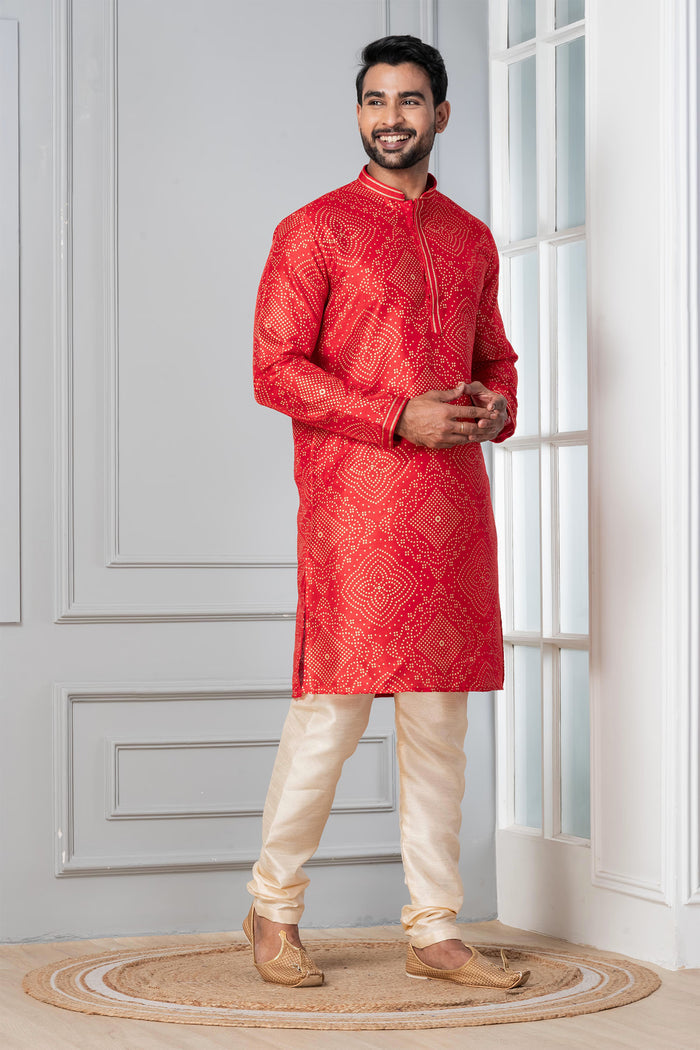 Bright Red Printed Bandhani Dupion Silk Kurta Set