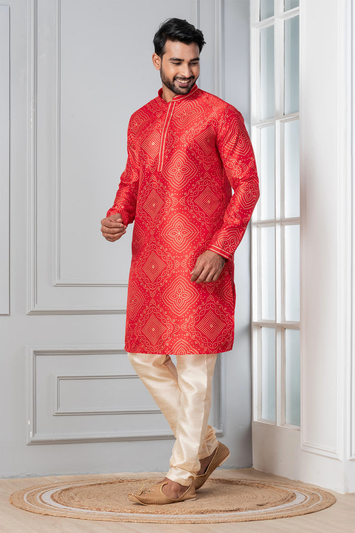 Bright Red Printed Bandhani Dupion Silk Kurta Set