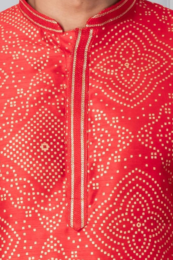 Bright Red Printed Bandhani Dupion Silk Kurta Set