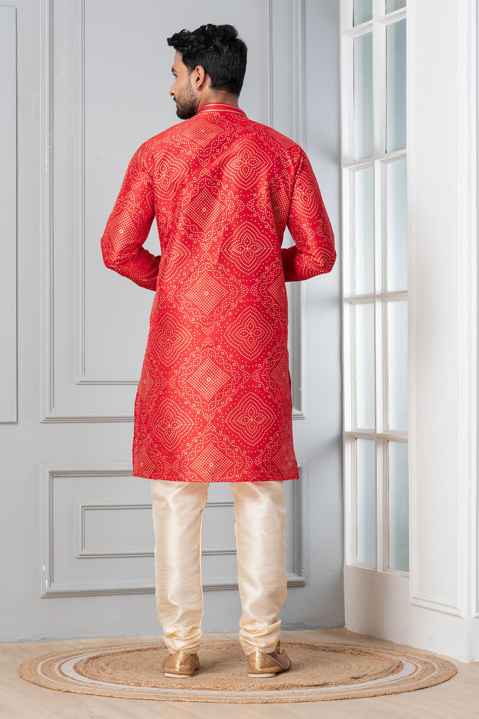 Bright Red Printed Bandhani Dupion Silk Kurta Set