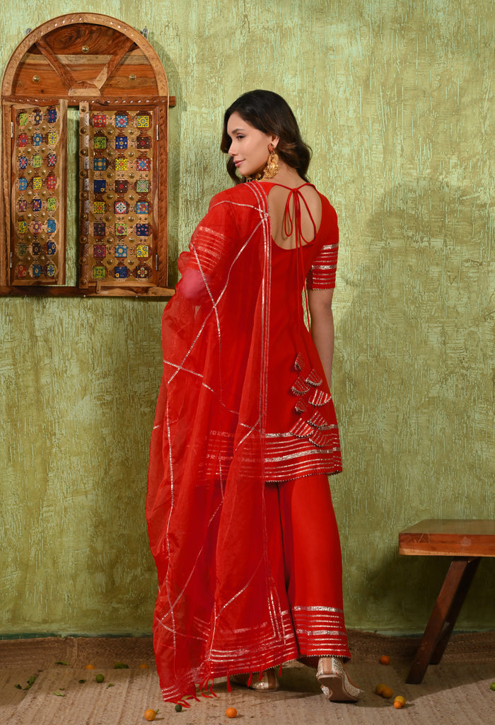 Bright Red Rayon Embroidered Kurta Set