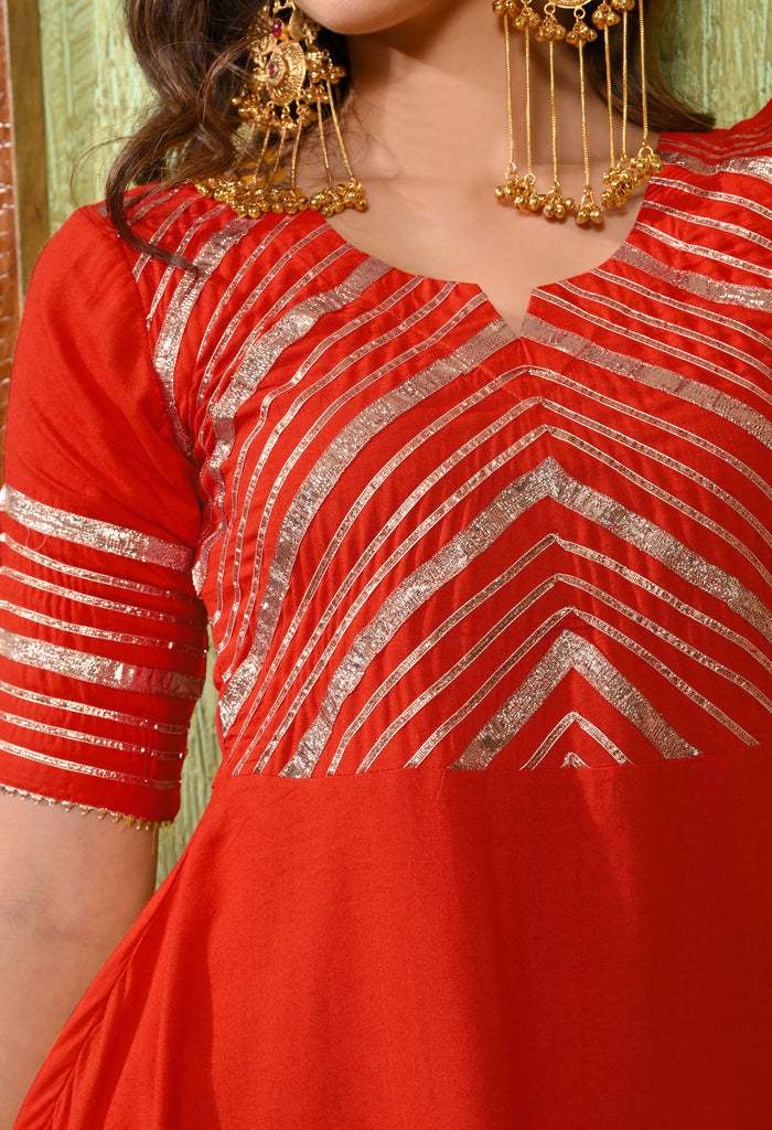Bright Red Rayon Embroidered Kurta Set