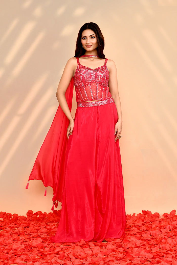 Bright Red Satin Crepe Indo-Western Set
