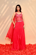 Bright Red Satin Crepe Indo-Western Set