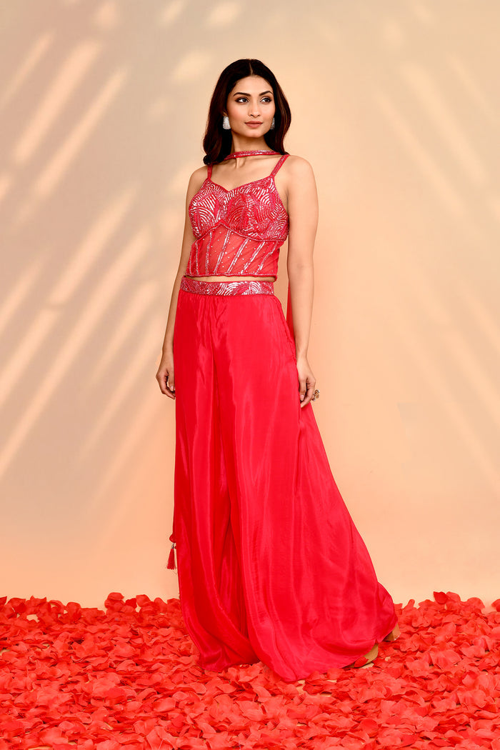 Bright Red Satin Crepe Indo-Western Set