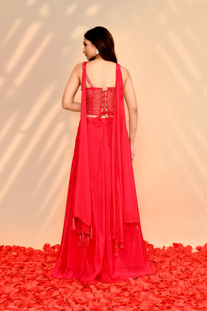 Bright Red Satin Crepe Indo-Western Set