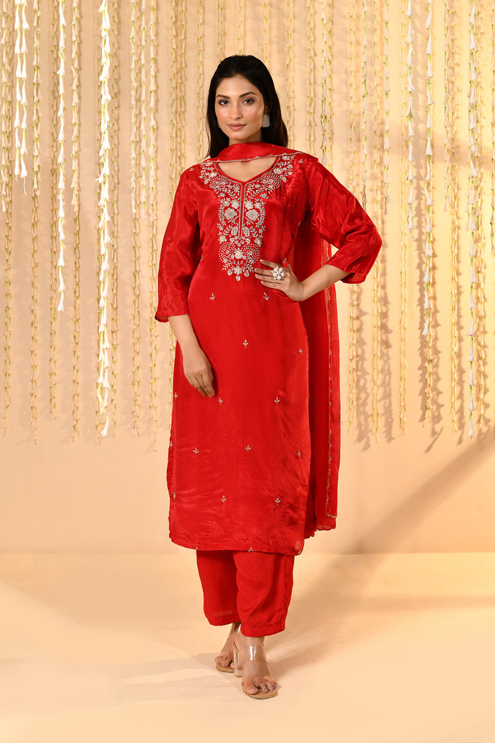 Bright Red Satin Silk Floral Kurta Set
