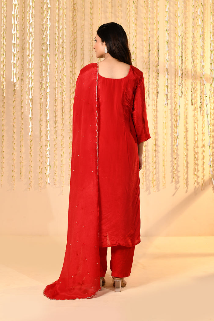 Bright Red Satin Silk Floral Kurta Set
