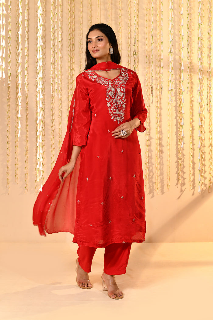 Bright Red Satin Silk Floral Kurta Set