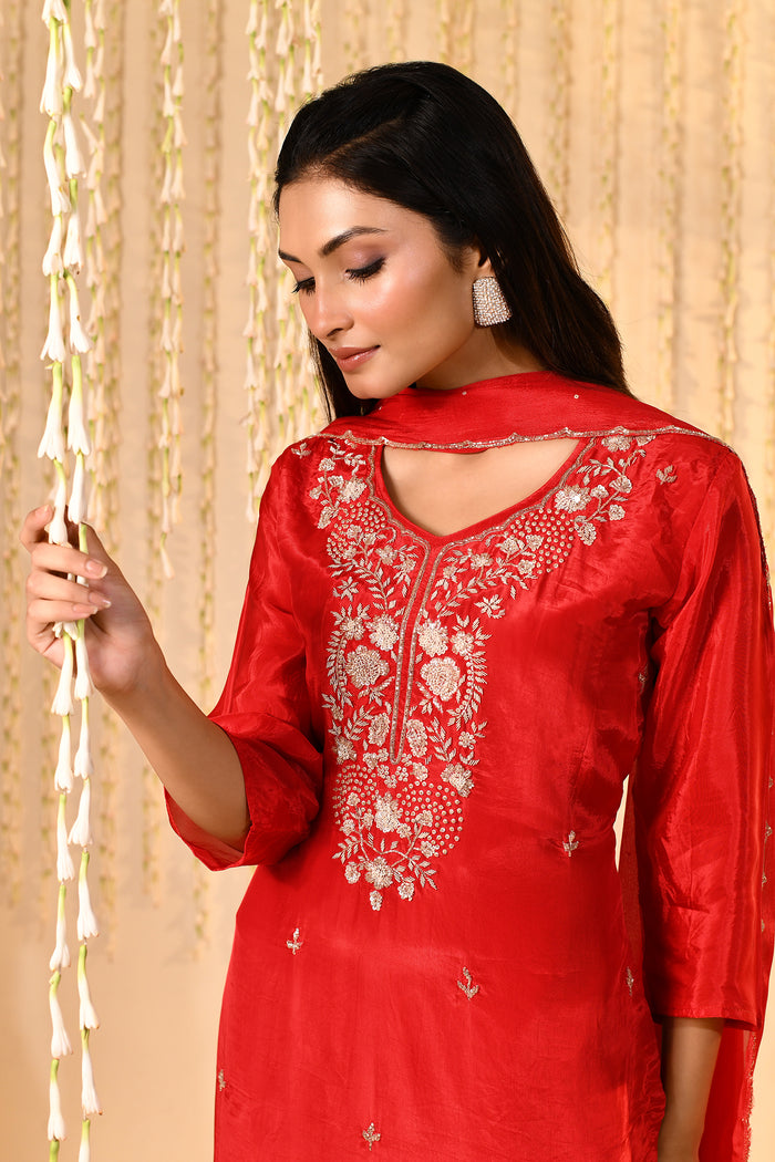 Bright Red Satin Silk Floral Kurta Set