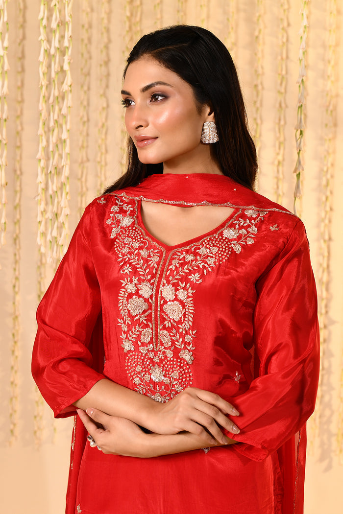 Bright Red Satin Silk Floral Kurta Set