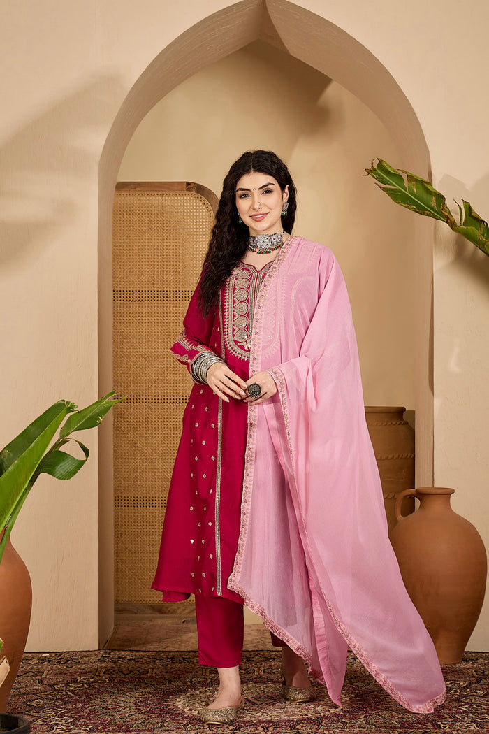 Bright Red Silk Sequin Work Kurta Set