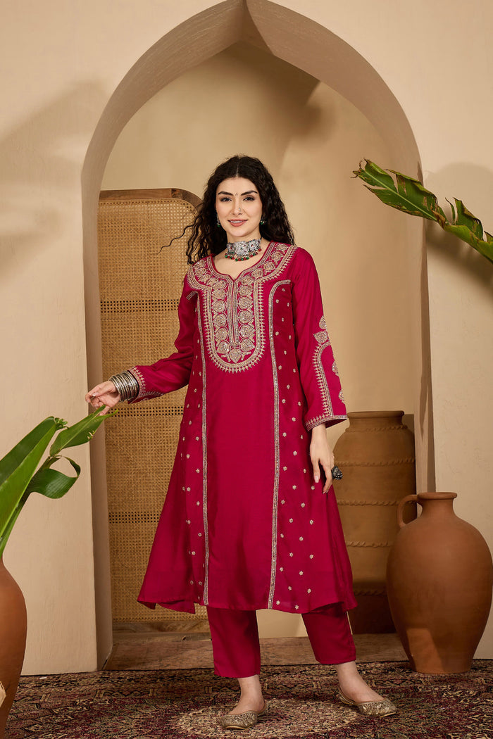 Bright Red Silk Sequin Work Kurta Set