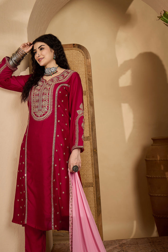 Bright Red Silk Sequin Work Kurta Set