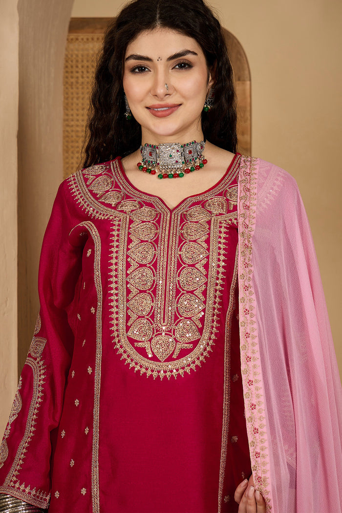 Bright Red Silk Sequin Work Kurta Set