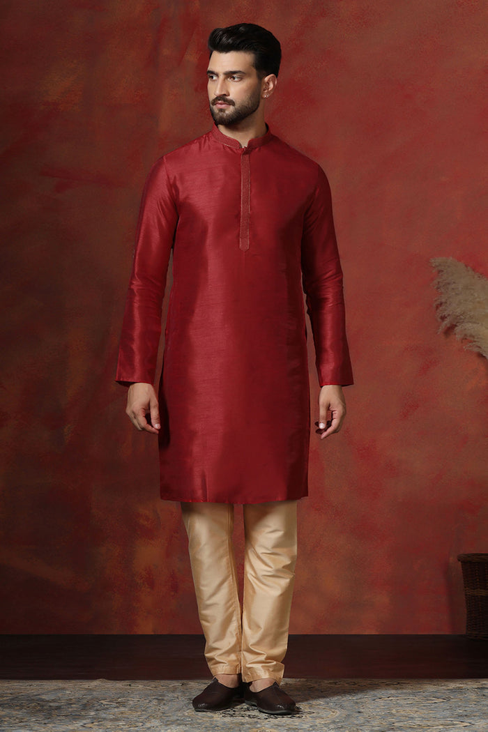 Bright Red Solid Dupion Kurta Set