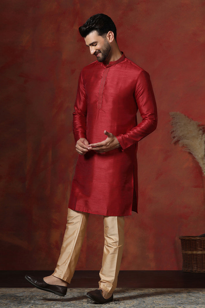 Bright Red Solid Dupion Kurta Set