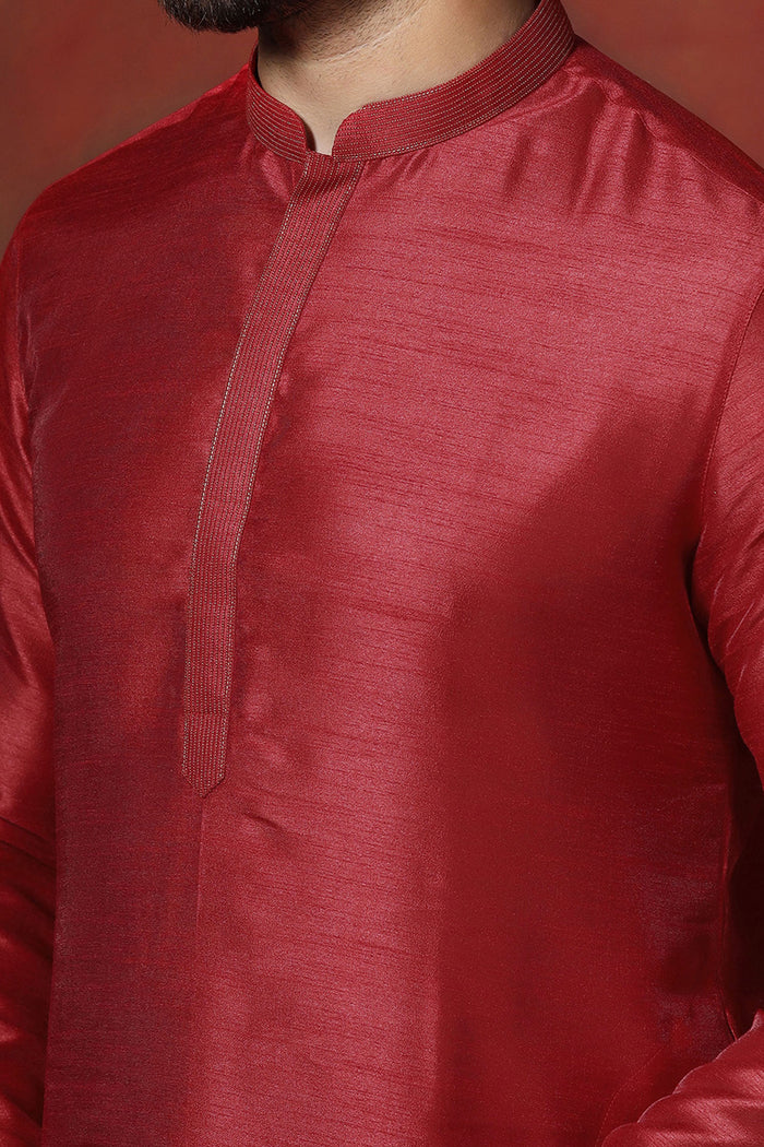 Bright Red Solid Dupion Kurta Set