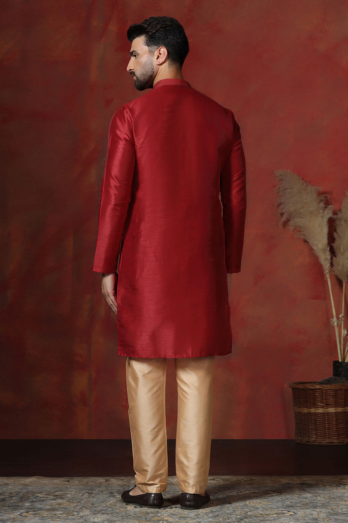 Bright Red Solid Dupion Kurta Set