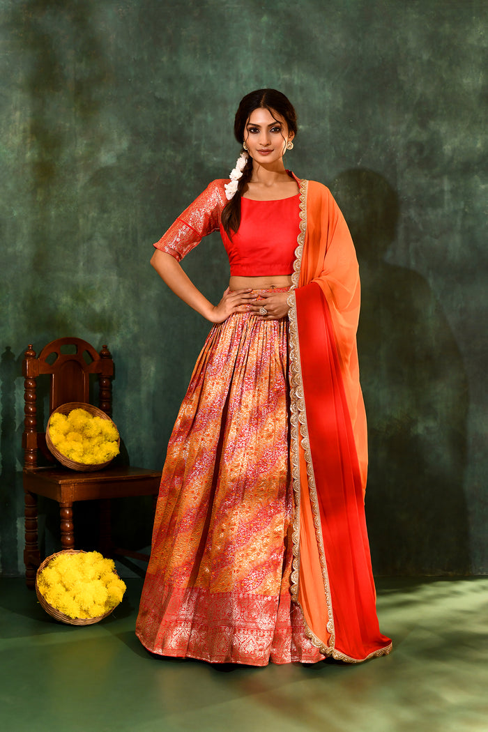 Bright Red Tissue Silk Lehenga Set