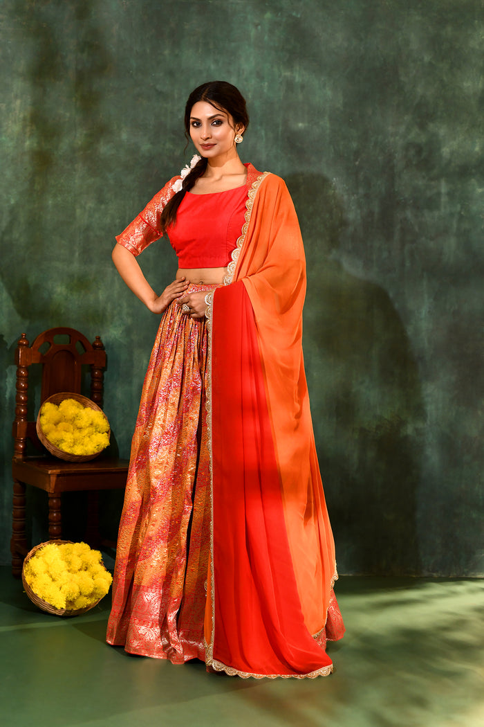 Bright Red Tissue Silk Lehenga Set