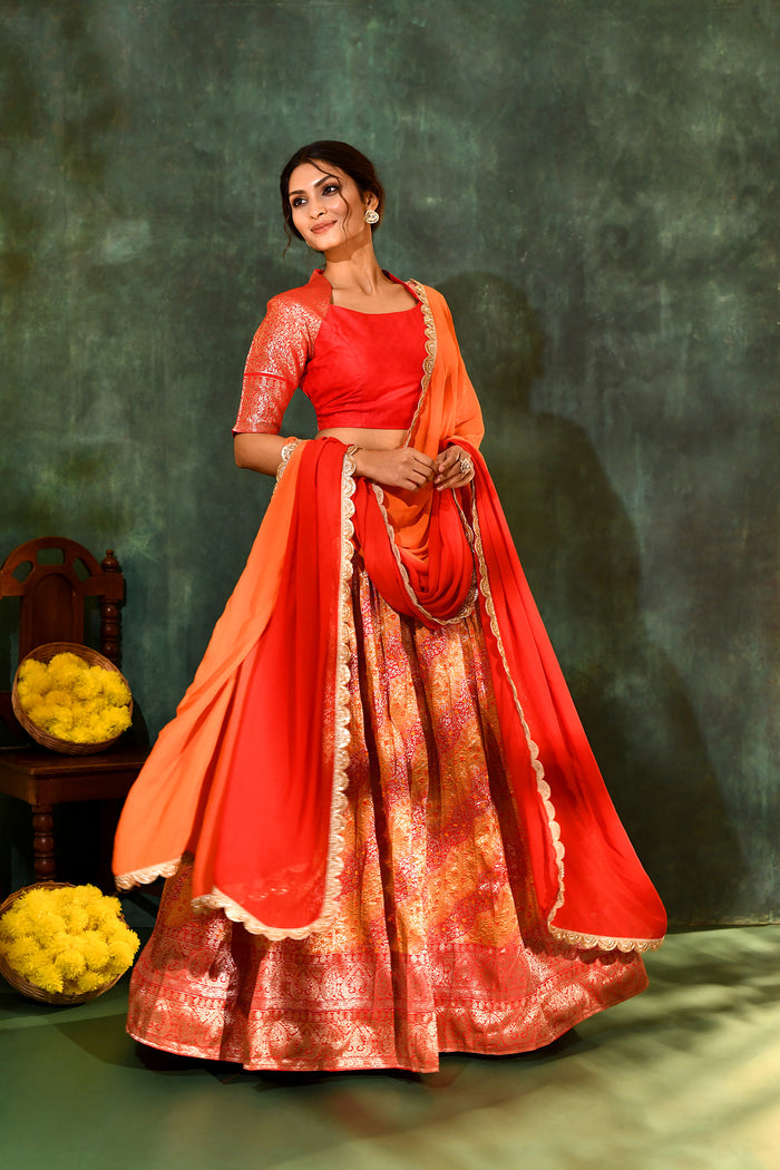 Bright Red Tissue Silk Lehenga Set