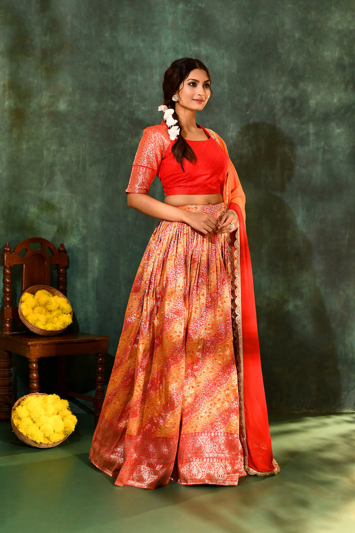 Bright Red Tissue Silk Lehenga Set