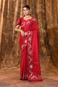 Bright Red Tussar Embroidered Saree