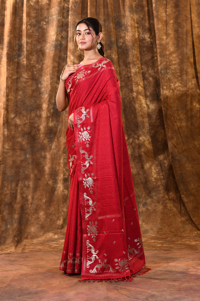Bright Red Tussar Embroidered Saree