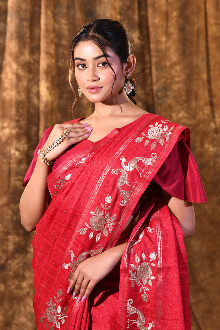 Bright Red Tussar Embroidered Saree