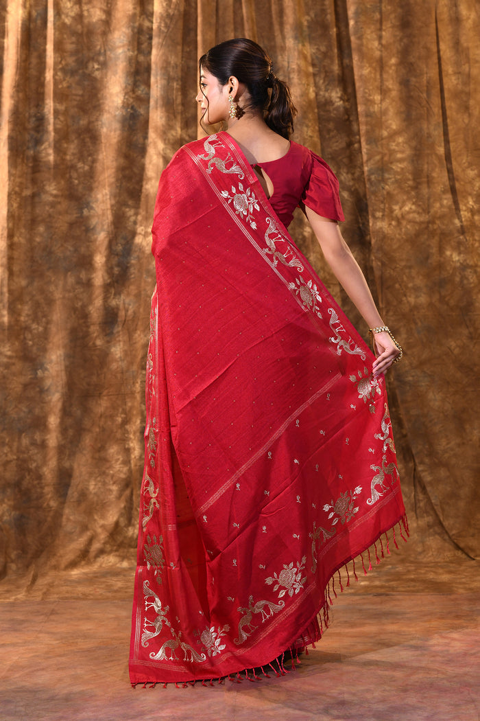 Bright Red Tussar Embroidered Saree