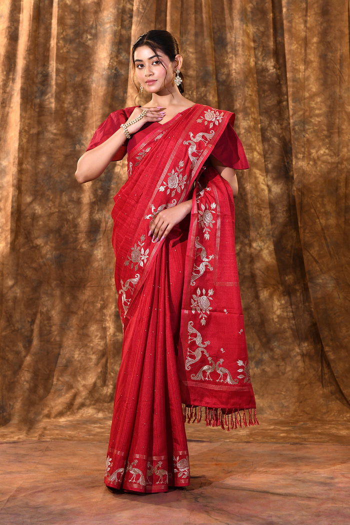 Bright Red Tussar Embroidered Saree