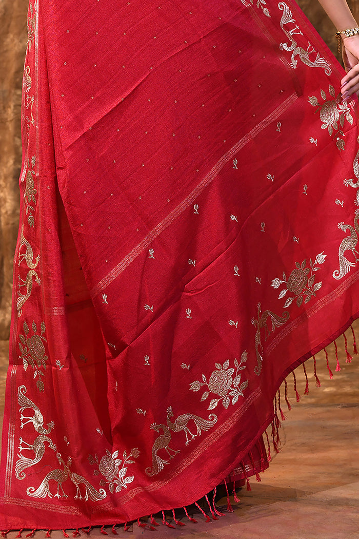 Bright Red Tussar Embroidered Saree