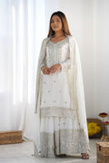 Bright White Floral Embroidered Silk Sharara Set