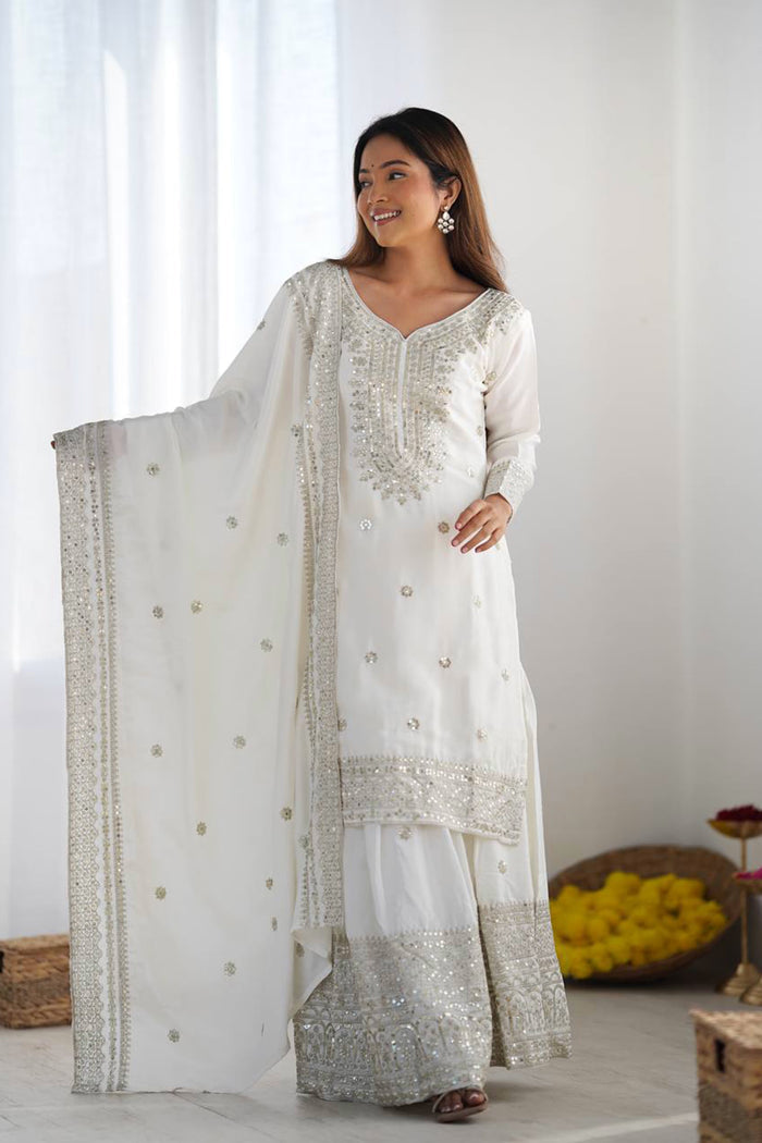 Bright White Floral Embroidered Silk Sharara Set