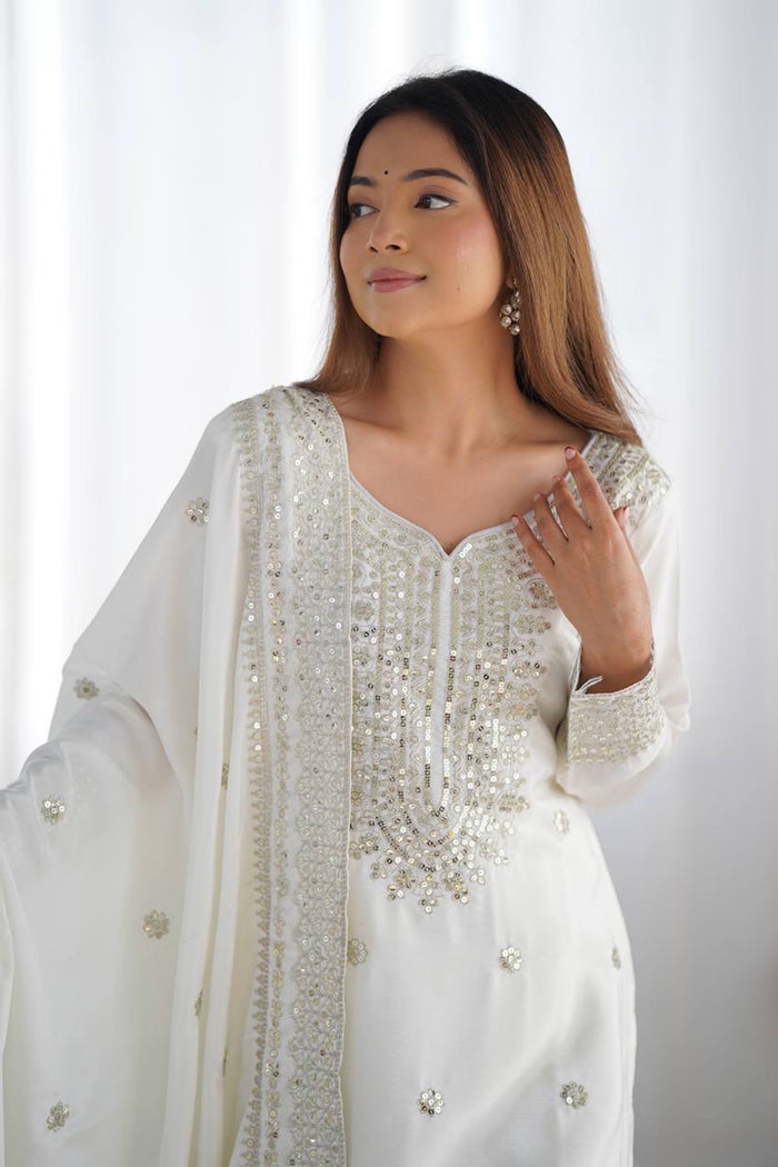 Bright White Floral Embroidered Silk Sharara Set