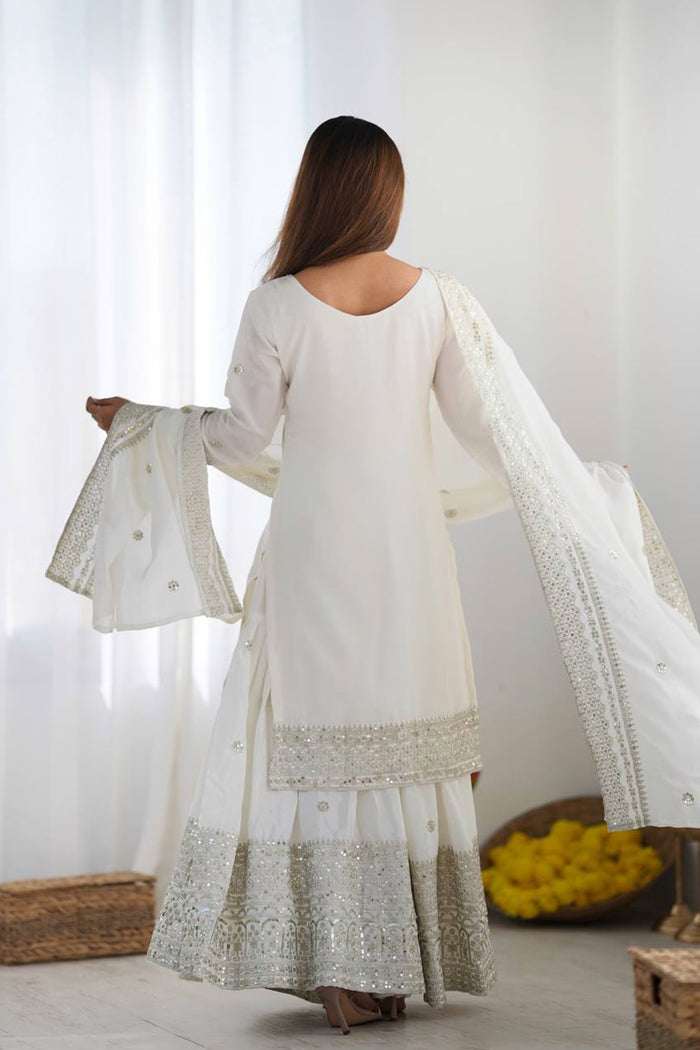 Bright White Floral Embroidered Silk Sharara Set