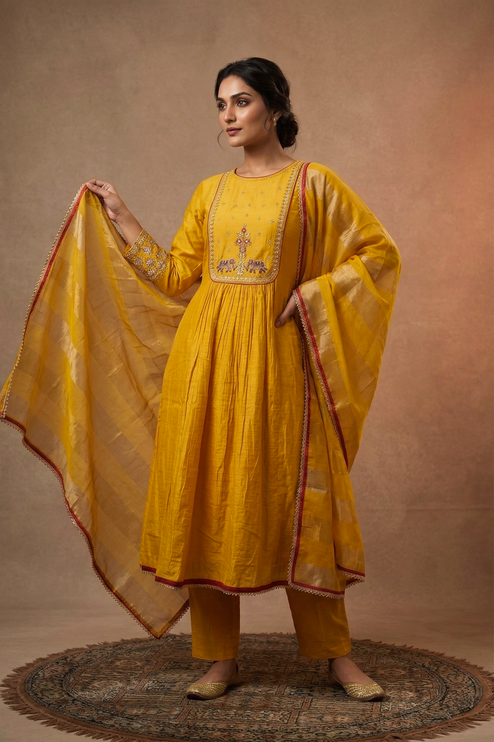 Bright Yellow Chanderi Silk Anarkali Set
