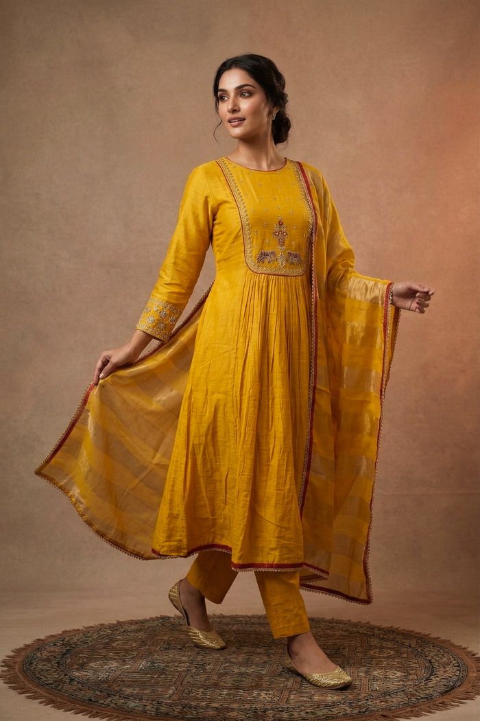 Bright Yellow Chanderi Silk Anarkali Set
