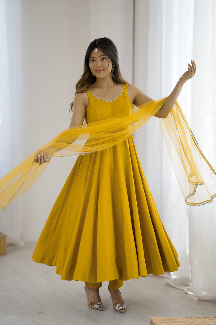 Bright Yellow Chanderi Solid Anarkali Set