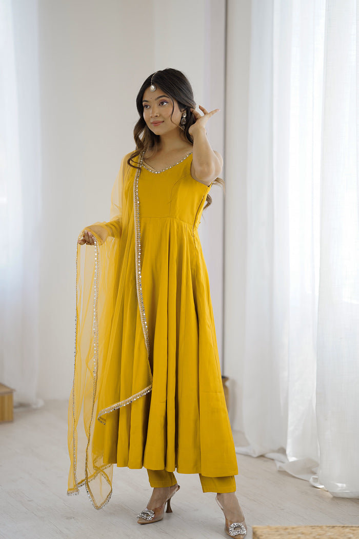Bright Yellow Chanderi Solid Anarkali Set