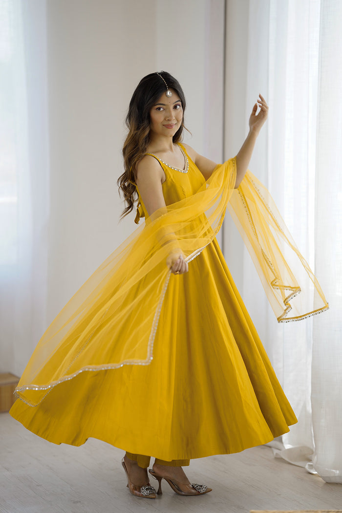 Bright Yellow Chanderi Solid Anarkali Set