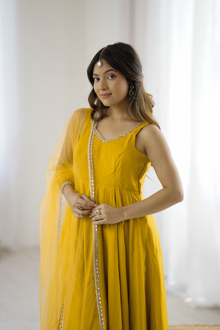 Bright Yellow Chanderi Solid Anarkali Set